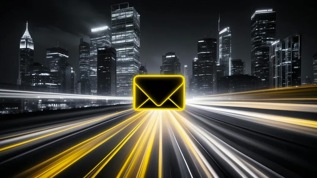 Glowing email envelope icon speeding through a digital cityscape, representing email marketing