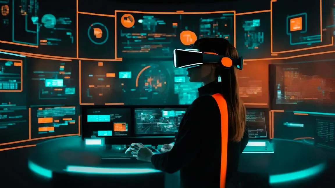 Marketer using advanced digital dashboards and VR headset to manage email marketing analytics