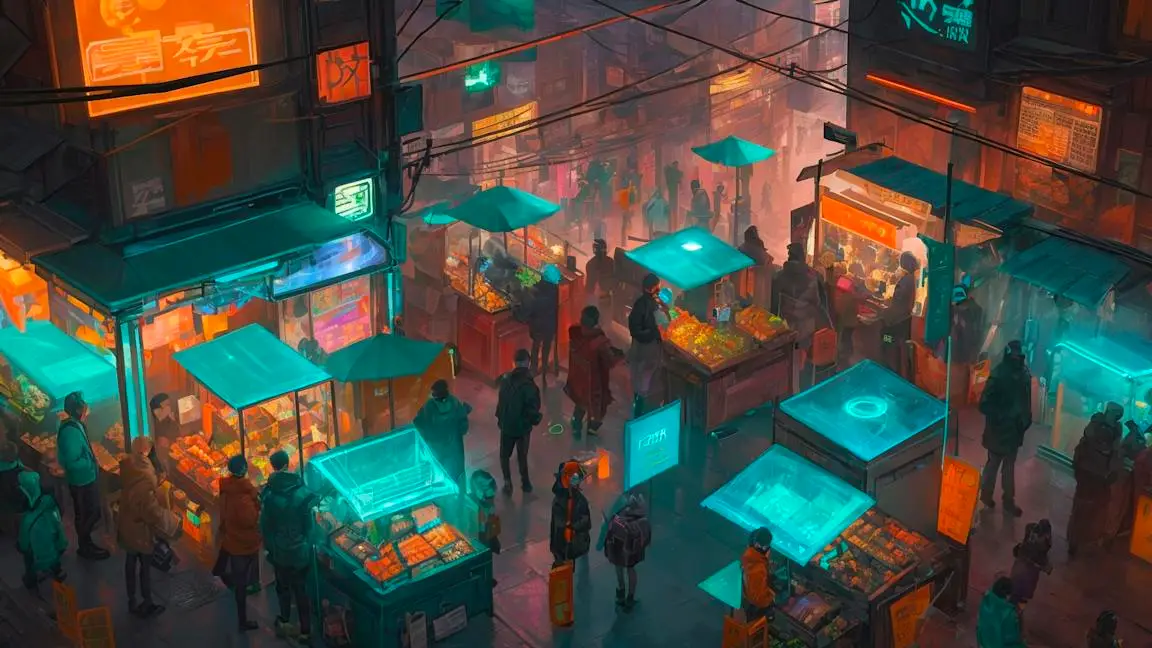Futuristic digital marketplace viewed from above, illustrating the broad reach of email marketing