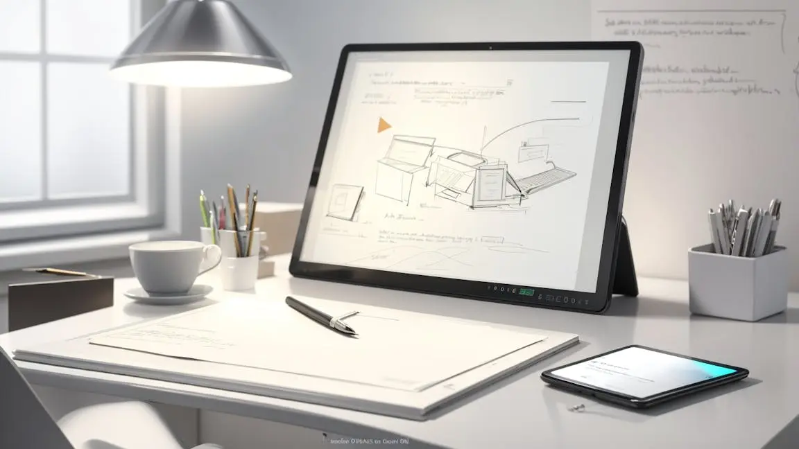 Clean desk with tablet displaying email campaign planning sketches representing email warm-up best practices