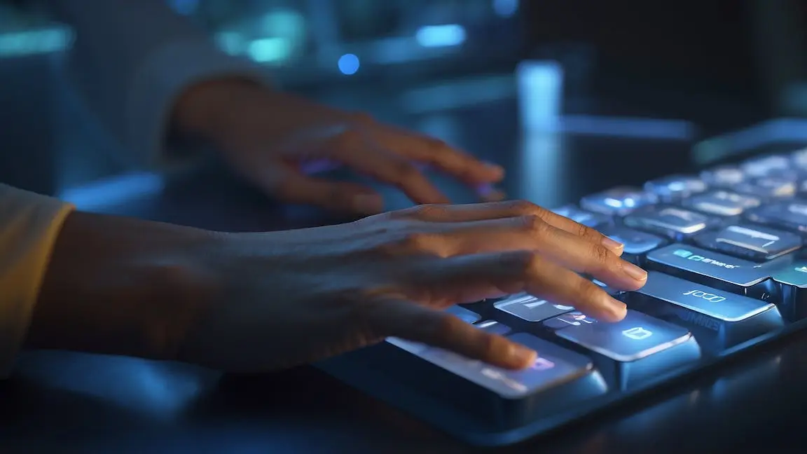 Hands typing on a glowing backlit keyboard representing active email sending to boost deliverability and reputation
