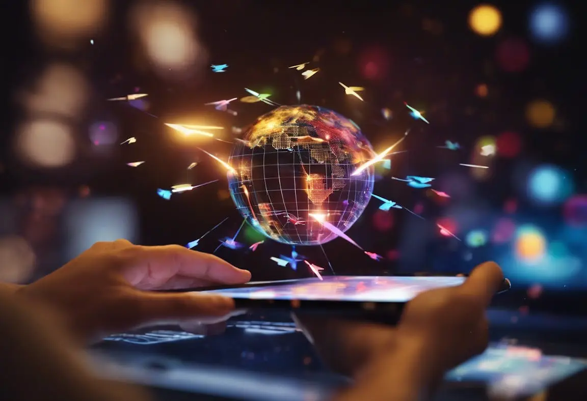 Hands holding a tablet launching colorful paper planes around a glowing globe, illustrating cold email marketing reach