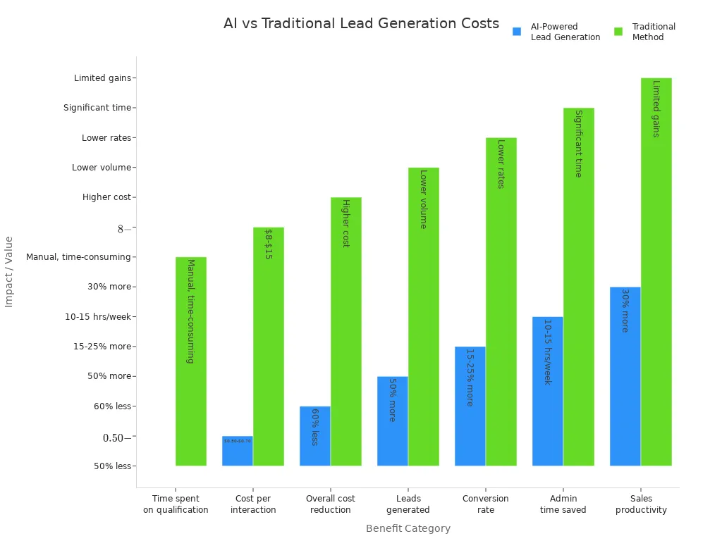 Bar chart comparing cost-saving benefits of AI-powered lead generation tools and traditional methods