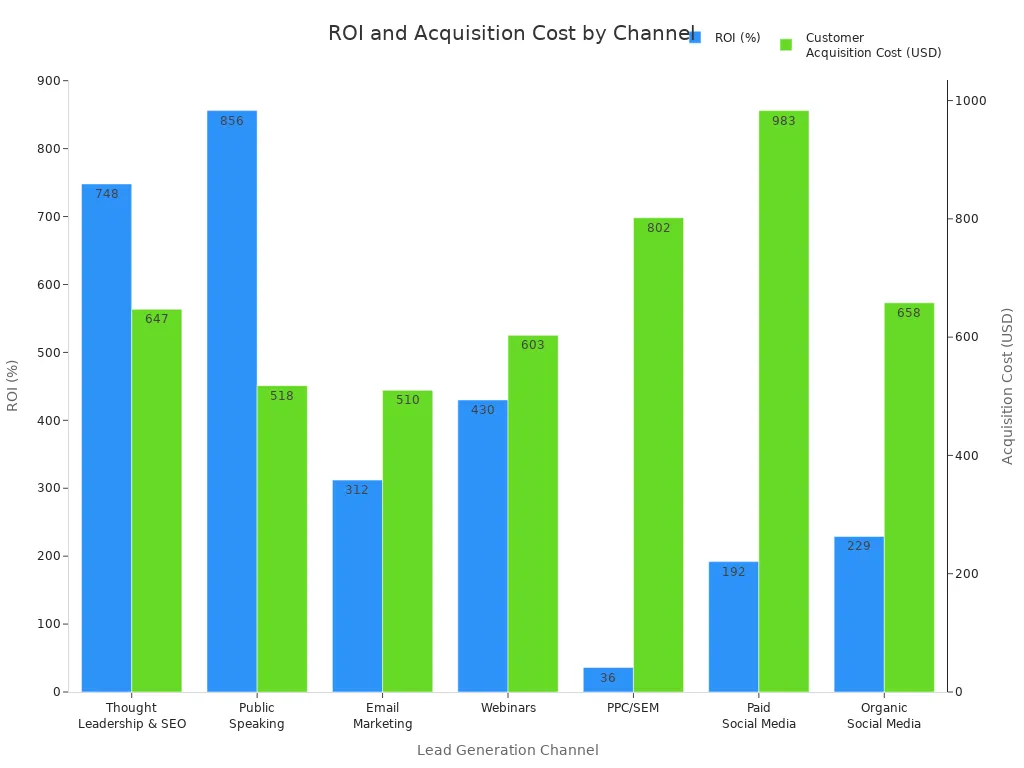 Bar chart comparing ROI and customer acquisition cost across lead generation channels in 2025