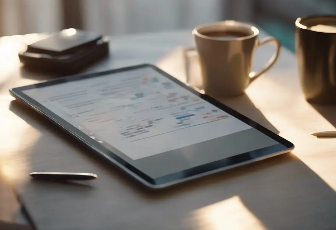 Tablet showing an email outreach schedule with campaign analytics on a sunlit desk