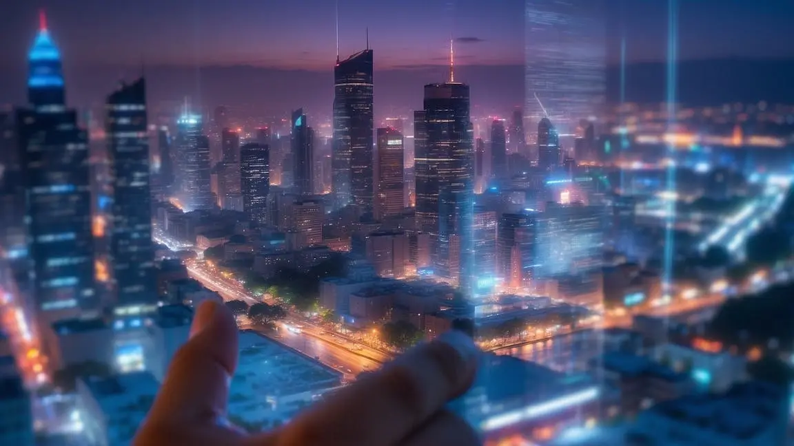Hand holding a transparent display panel over a city skyline, representing cold email reach