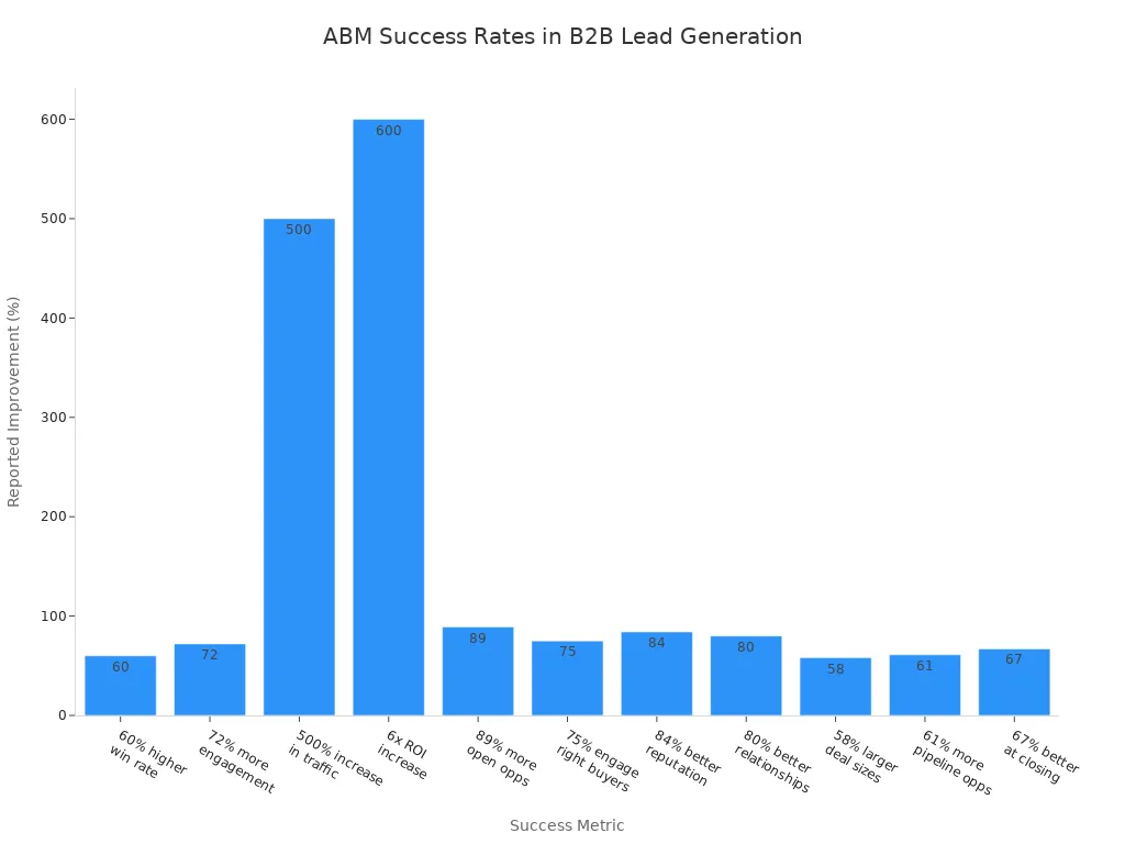Bar chart comparing reported success rates and improvements from account-based marketing in B2B lead generation.
